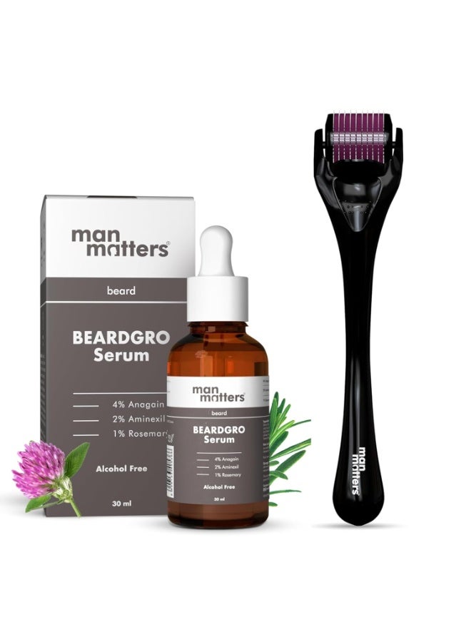 مان ماترز زيت سيروم لنمو اللحية من مان ماترز 30 مل وبكرة ديرما رولر مزودة بـ 540 إبرة دقيقة من سبائك التيتانيوم 0.5 مم | يحتوي على 4% أناجين، 2% أمينكسيل و1% إكليل الجبل | يحفز بصيلات الشعر | يعالج نمو اللحية غير المتساوي والمتفرق | آمن وفعال. - Image 1